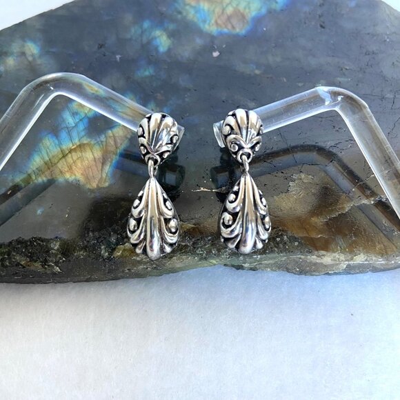 Sterling Silver 925 1" Scrollwork Dot Teardrop Pierced Dangle Drop Earrings - Picture 4 of 16